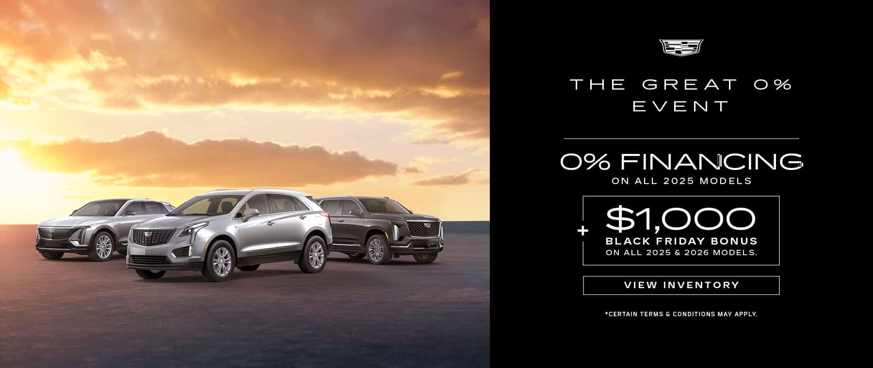 Cadillac summer promotion featuring 2025 XT6, XT5, XT4 models with 0% financing for 60 months.