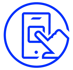 Icon of a hand tapping a smartphone screen, enclosed in a blue circle.