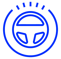 Blue icon of a car steering wheel enclosed in a circle with small lines at the top, suggesting a focus on driving or automotive technology.
