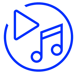 A blue play button and musical note icon inside a circle, symbolizing music playback.