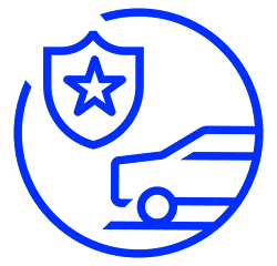 A blue icon of a shield with a star next to a car, all enclosed in a circular outline.
