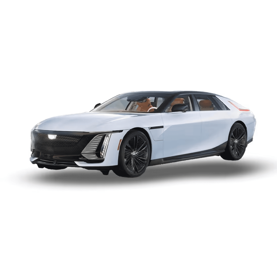 Luxury electric sedan with sleek design, black grille, and aerodynamic profile.