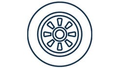 Car wheel outline icon featuring a tire and spoke design; automotive and transportation symbol.
