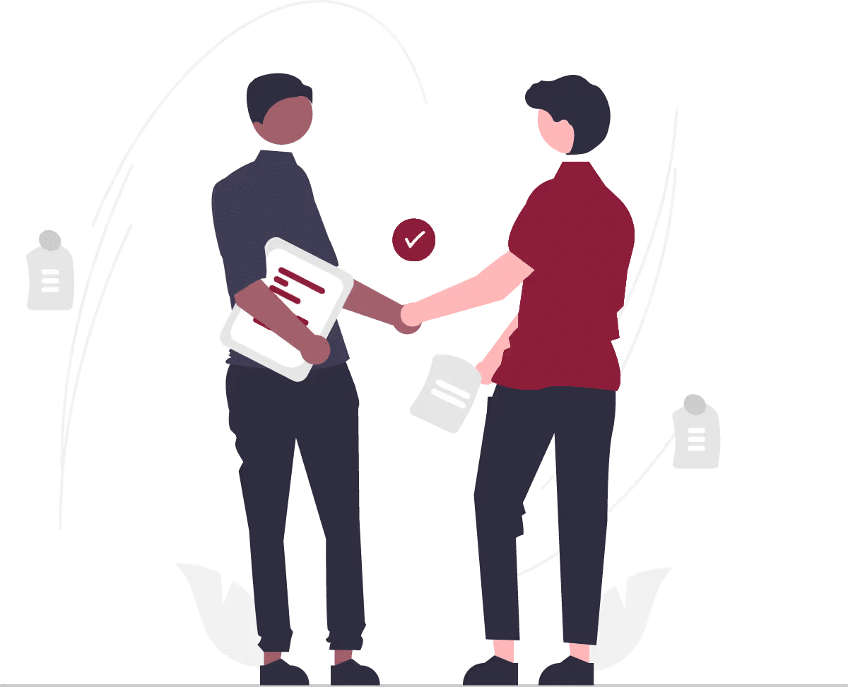 Illustration of two people shaking hands. One holds documents, and there are abstract icons of paper and check marks around them, suggesting agreement or collaboration.