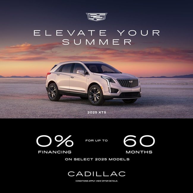 Cadillac 2025 XT5 SUV on a sunset backdrop with 0% financing for up to 60 months offer.