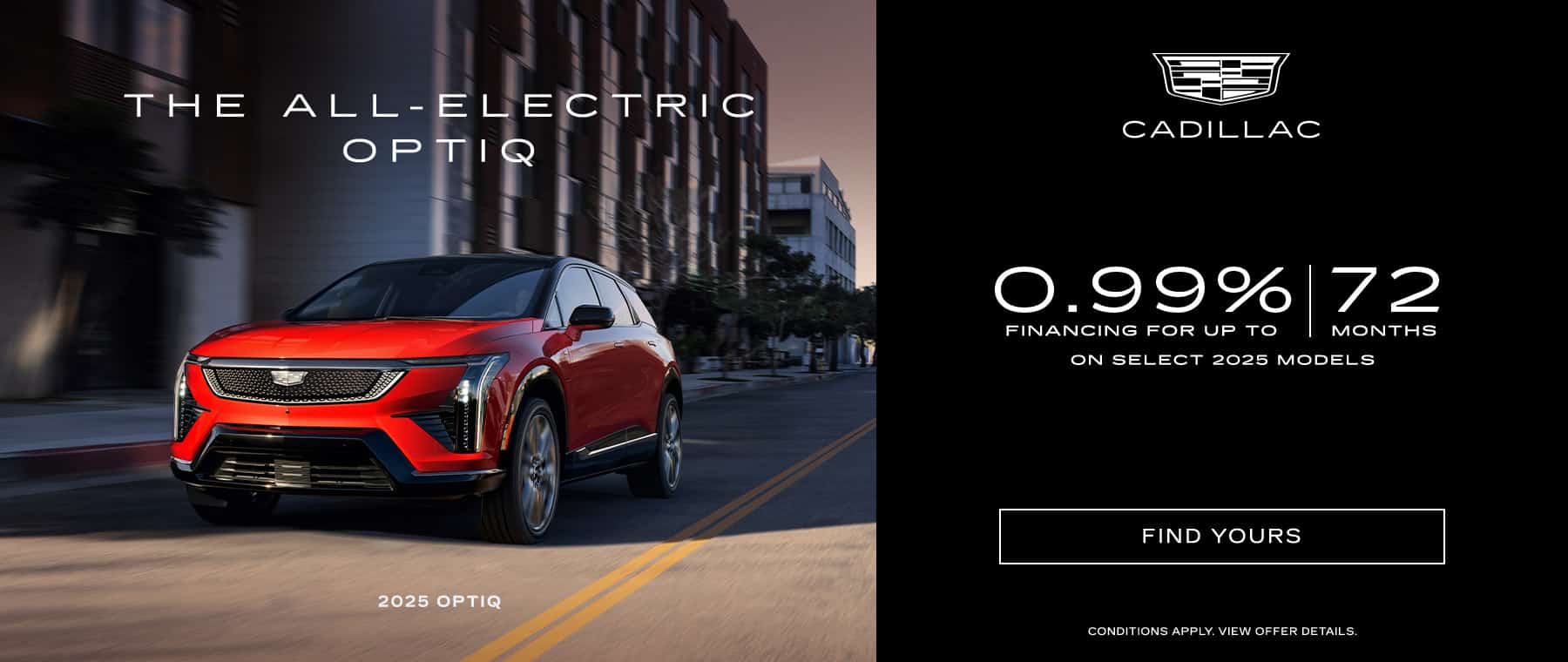 Red 2025 all-electric Cadillac Optiq SUV on city street, with 0.99% financing ad.