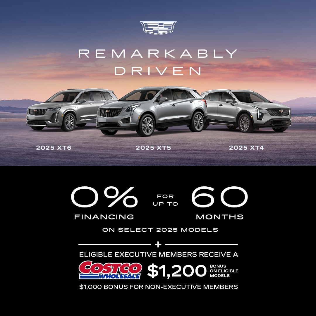 Cadillac 2025 XT4 SUV in city setting, promoting 0% financing for up to 60 months on select models.
