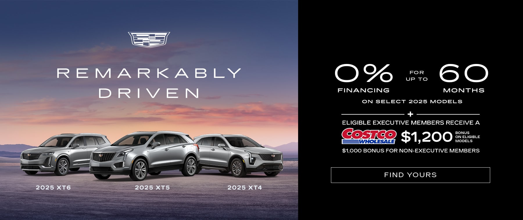 Cadillac summer promotion featuring 2025 XT6, XT5, XT4 models with 0% financing for 60 months.