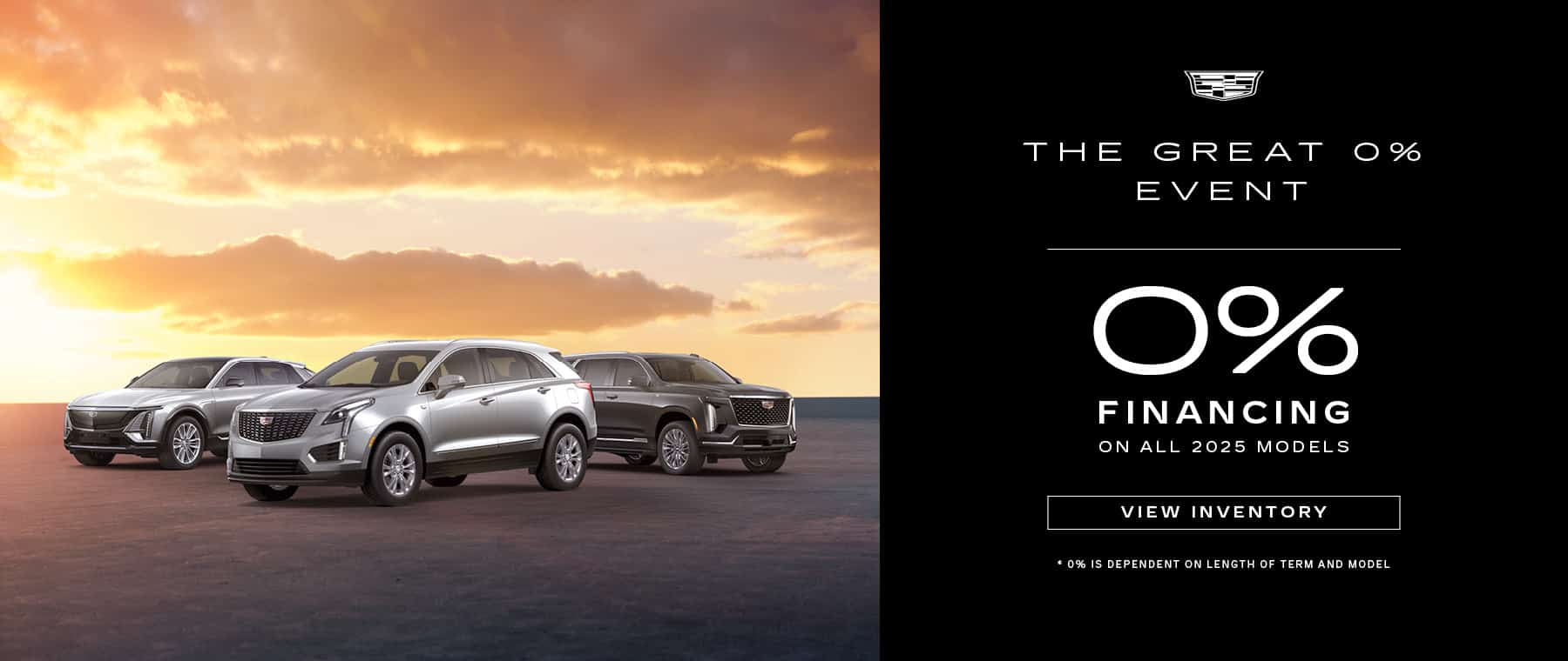 Cadillac summer promotion featuring 2025 XT6, XT5, XT4 models with 0% financing for 60 months.