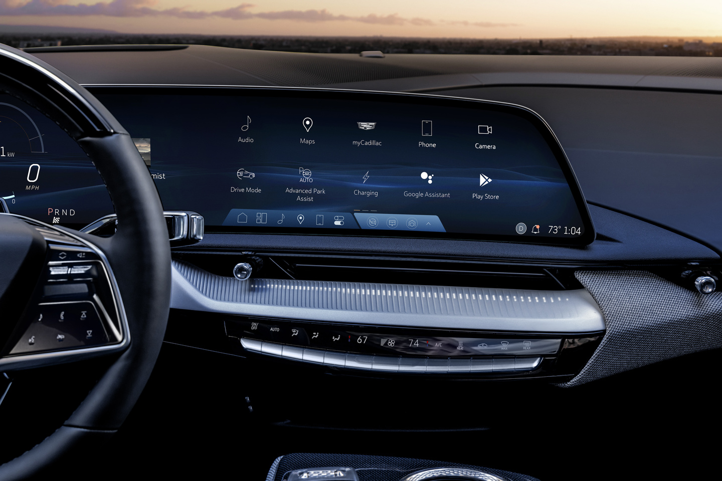 Dashboard of a modern car showing digital display with navigation and control options.