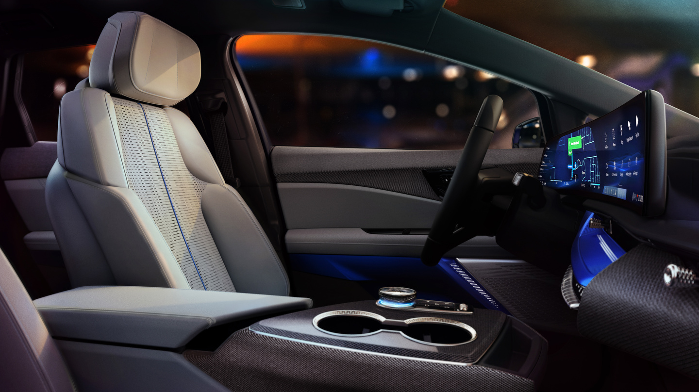 Luxury car interior with plush seats, digital dashboard, and ambient lighting. Modern and sleek design.
