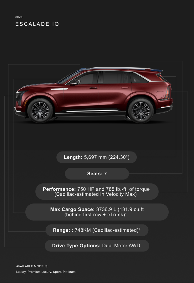 2026 Cadillac Escalade IQ in red, featuring specs like 750 HP, 7 seats, and 748 KM range.